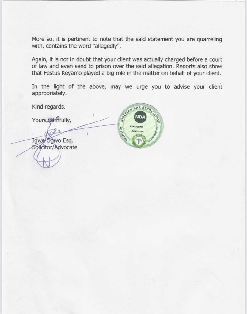 My legal team responds to Deji Adeyanju Esq