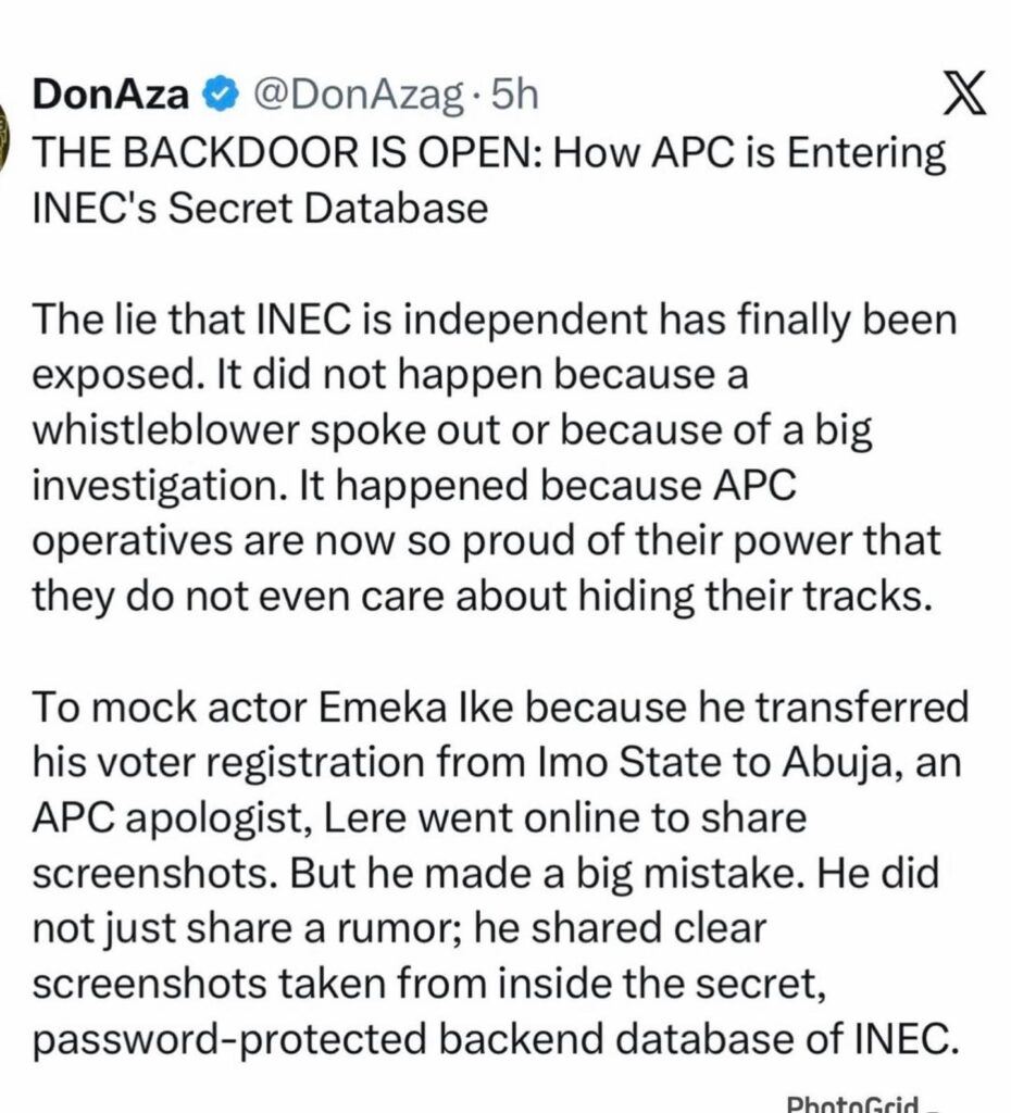 INEC admin portal controversy over alleged voter transfer screenshots and data access concerns