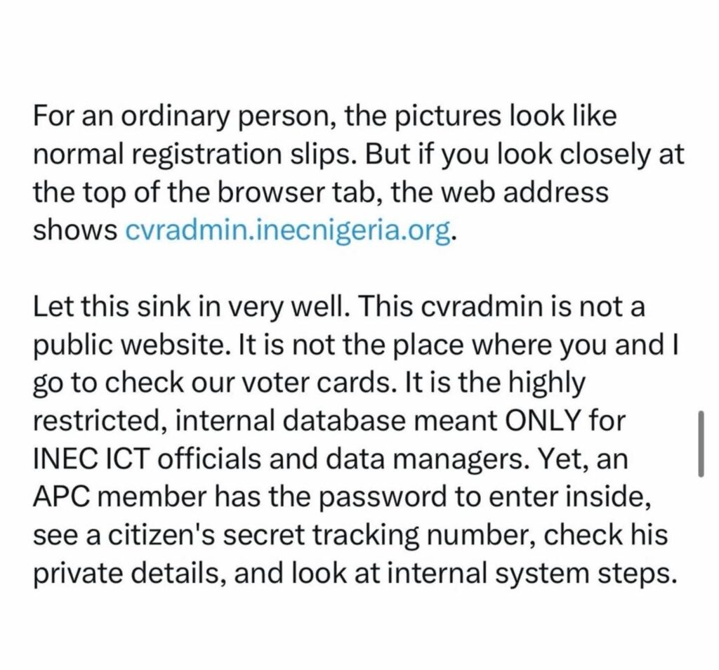 INEC admin portal controversy over alleged voter transfer screenshots and data access concerns