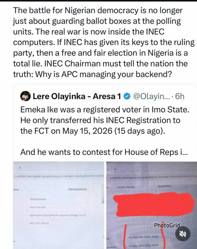 INEC admin portal controversy over alleged voter transfer screenshots and data access concerns